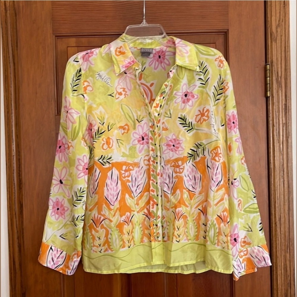 Sigrid Olsen Silk Floral Button Down Woman Shirt Size S